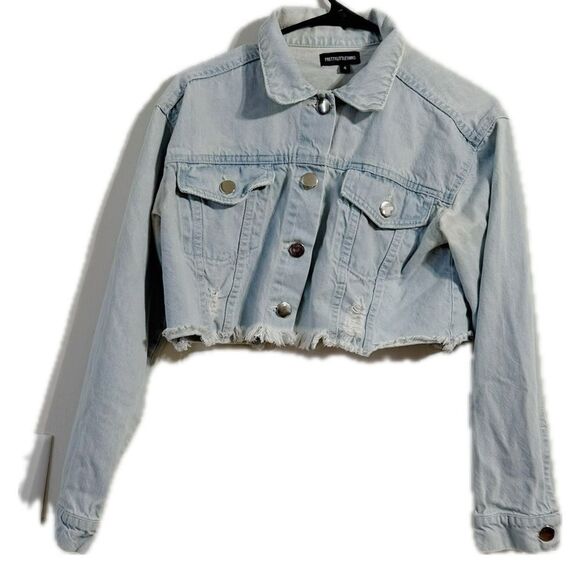 PrettyLittleThing Blue Cropped Jean Jacket with Raw Hem - Picture 1 of 4